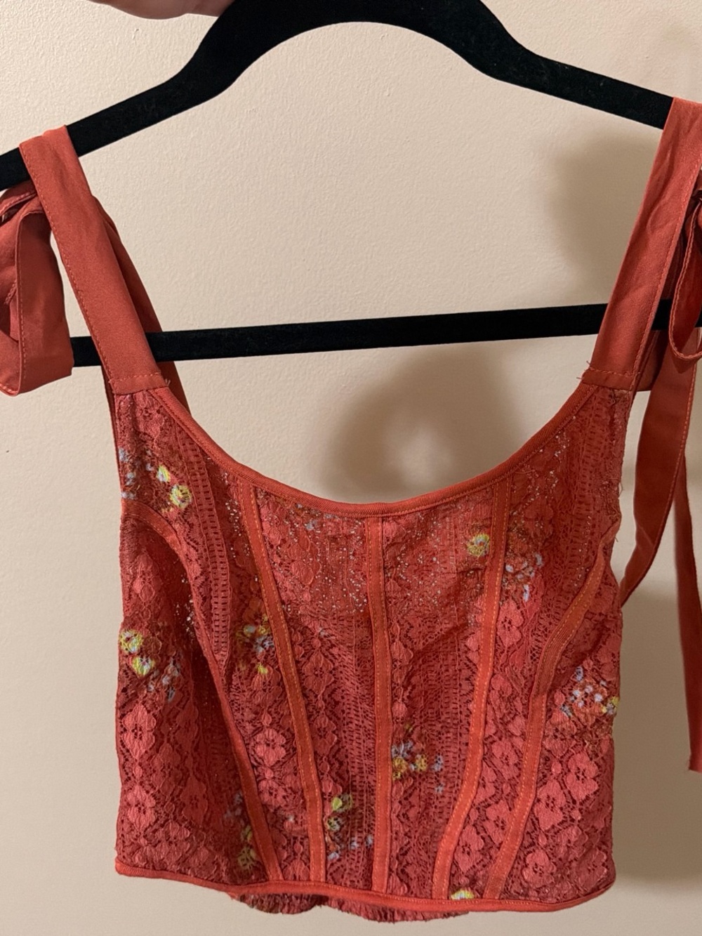 Urban Outfitters Rust Red Lace Floral Tie-Shoulder Crop Top